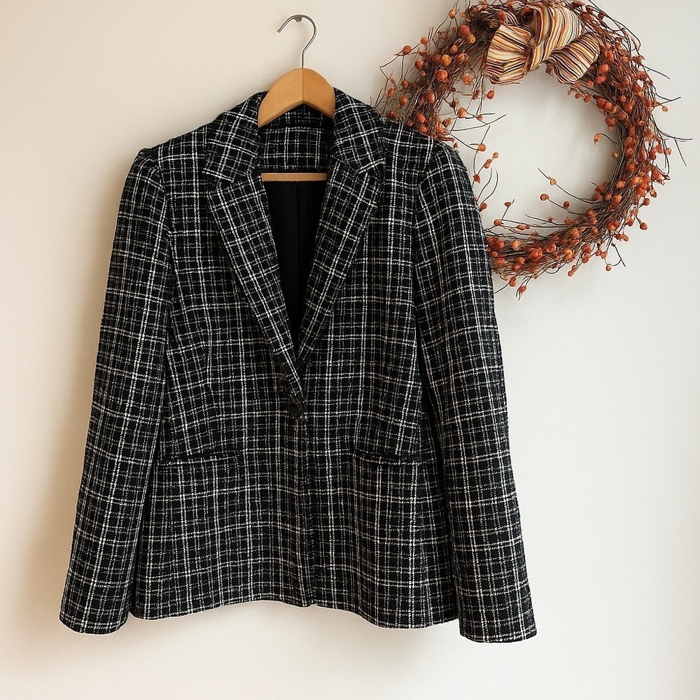 Elie Tahari Womens JUNEAU Quiet Luxury Tweed Blazer LARGE Black White Plaid